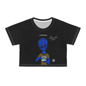 Women's BLUE ALIEN 1.1 Black Crop T-Block by minttblocks (BLUE ALIEN Short Sleeve NFT CropTee)