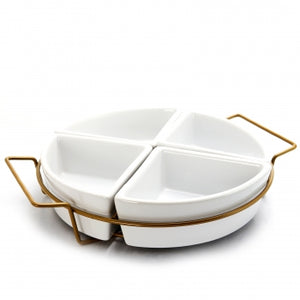 Gibson Elite Gracious Dining 4 Section Round Ceramic Tidbit Dish Set with Wire Tray