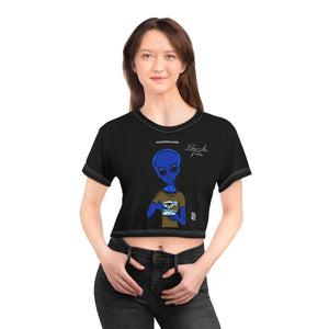 Women's BLUE ALIEN 1.1 Black Crop T-Block by minttblocks (BLUE ALIEN Short Sleeve NFT CropTee)