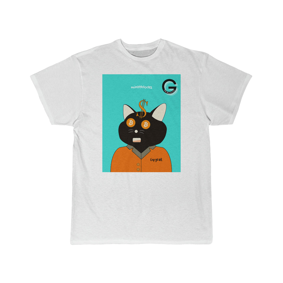 Unisex G #31 "Bitcoin Ballin' Black Cat Copycat" White T-Block by minttblocks (GBC Short Sleeve NFT Tee)