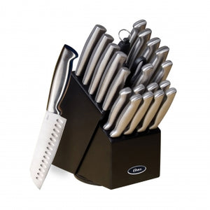 Oster Baldwyn 22 Piece Stainless Steel Cutlery Set with Stainless Steel Handles and Wooden Block