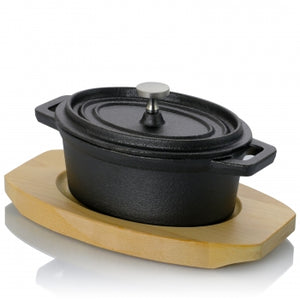 Gibson Home Campton 0.35 Quart Mini Oval Cast Iron Casserole Dutch Oven with Lid and Wooden Base