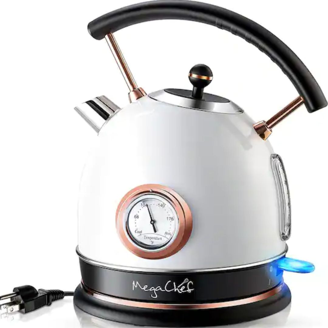 MegaChef 1.8 Liter Half Circle Electric Tea Kettle with Thermostat in White