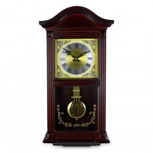 Bedford Clock Collection 22 Inch Wall Clock in Mahogany Cherry Oak Wood with Brass Pendulum and 4 Chimes