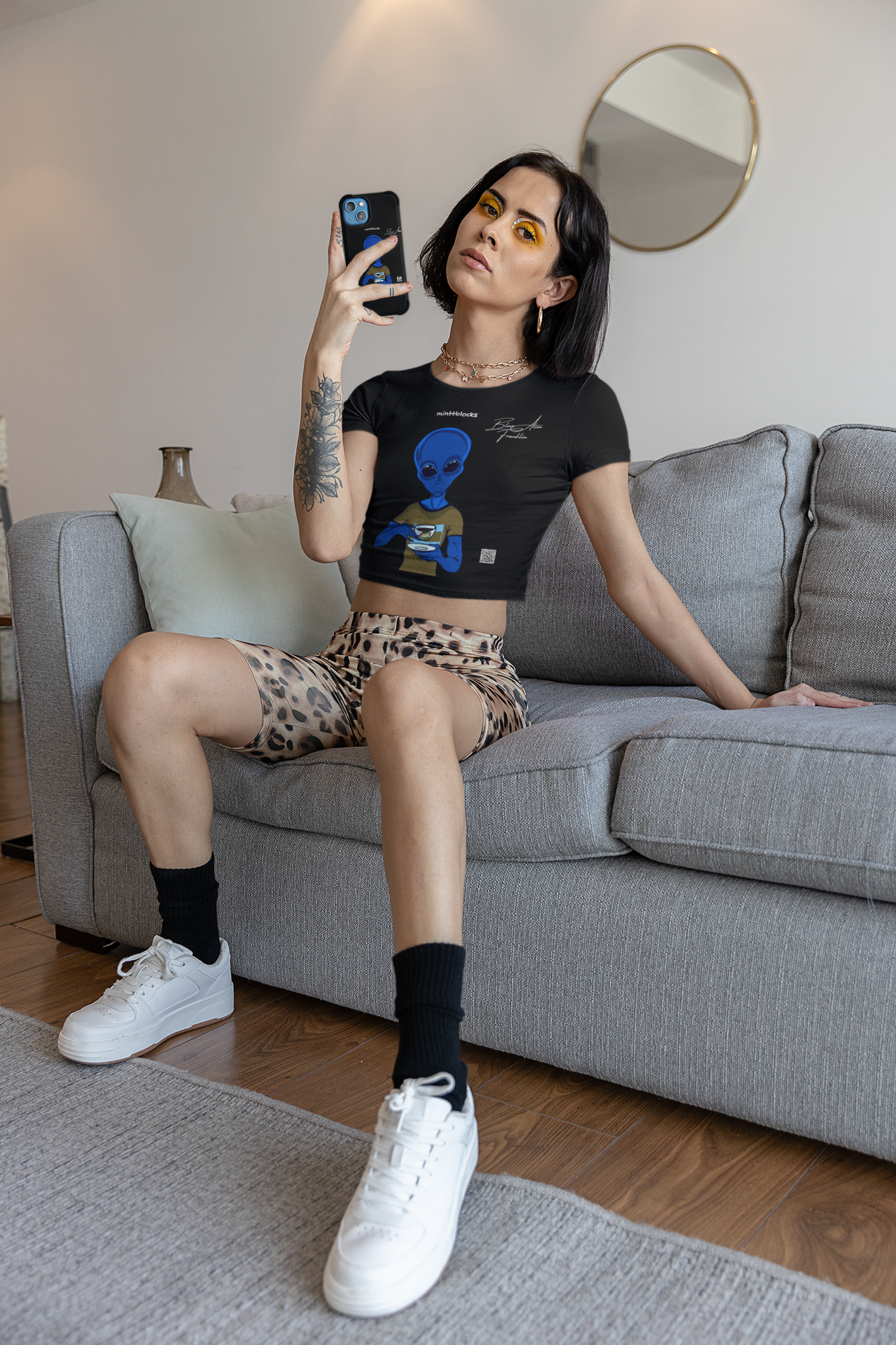 Women's BLUE ALIEN 1.1 Black Crop T-Block by minttblocks (BLUE ALIEN Short Sleeve NFT CropTee)