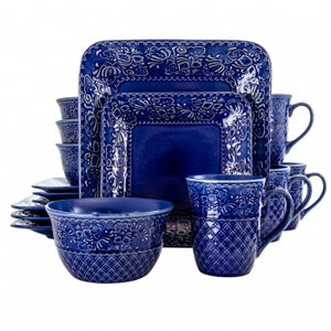 Elama Indigo Lotus 16 Piece Square Dinnerware Set