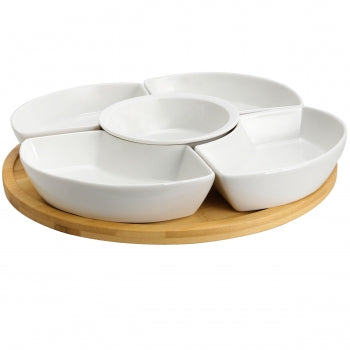 Elama Signature 12 1/4 Inch 6-Piece Lazy Susan Appetizer and Condiment Server Set with 5 Serving Dishes and a Bamboo Lazy Suzan Serving Tray