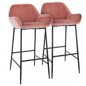 Elama 2 Piece Velvet Bar Stool in Blush Pink with Black Legs