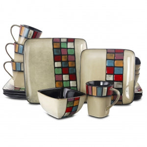 Elama Color Melange 16 Piece Multicolored Square Stoneware Dinnerware Set