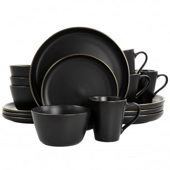 Elama Paul 16 Piece Stoneware Dinnerware Set in Matte Black with Gold Rim