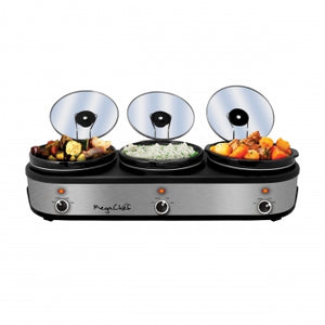 MegaChef Triple 2.5 Quart Slow Cooker and Buffet Server in Brushed Silver and Black Finish with 3 Ceramic Cooking Pots and Removable Lid Rests