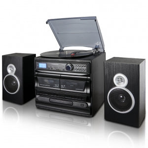 Trexonic 3-Speed Vinyl Turntable Home Stereo System with CD Player, Dual Cassette Player, Bluetooth, FM Radio & USB/SD Recording and Wired Shelf Speakers